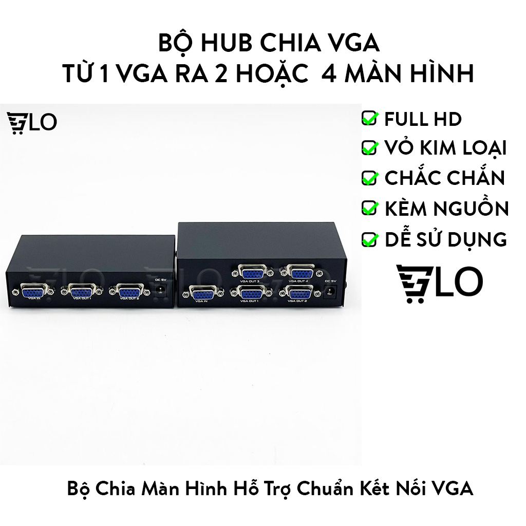 Bộ hub chia vga 1 ra 2 hoặc 4, 2/4 port 200mhz vga splitter vga-2002/vga-2004 kèm nguồn