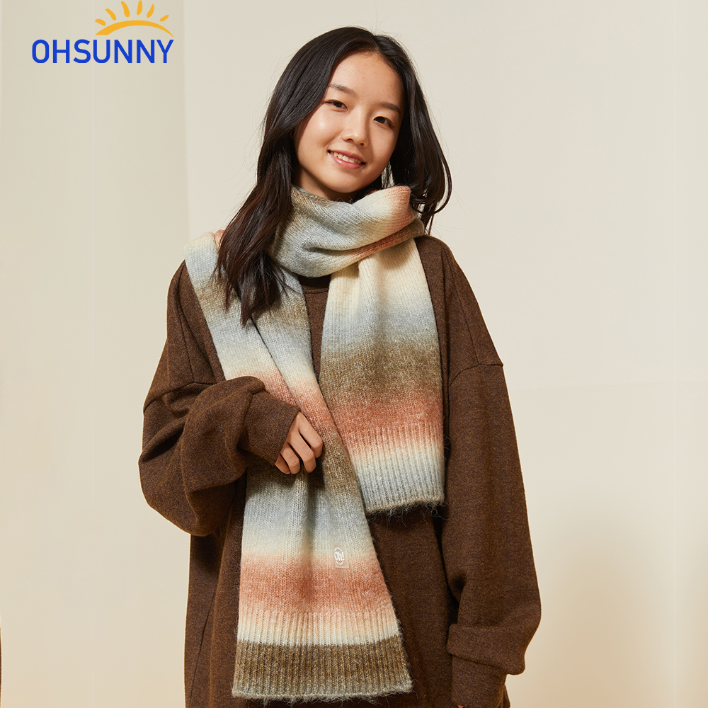 Ohsunny khăn choàng len dệt kim màu gradient ấm áp mùa thu đông phong cách mới dễ phối đồ cho cặp đôi @ -
