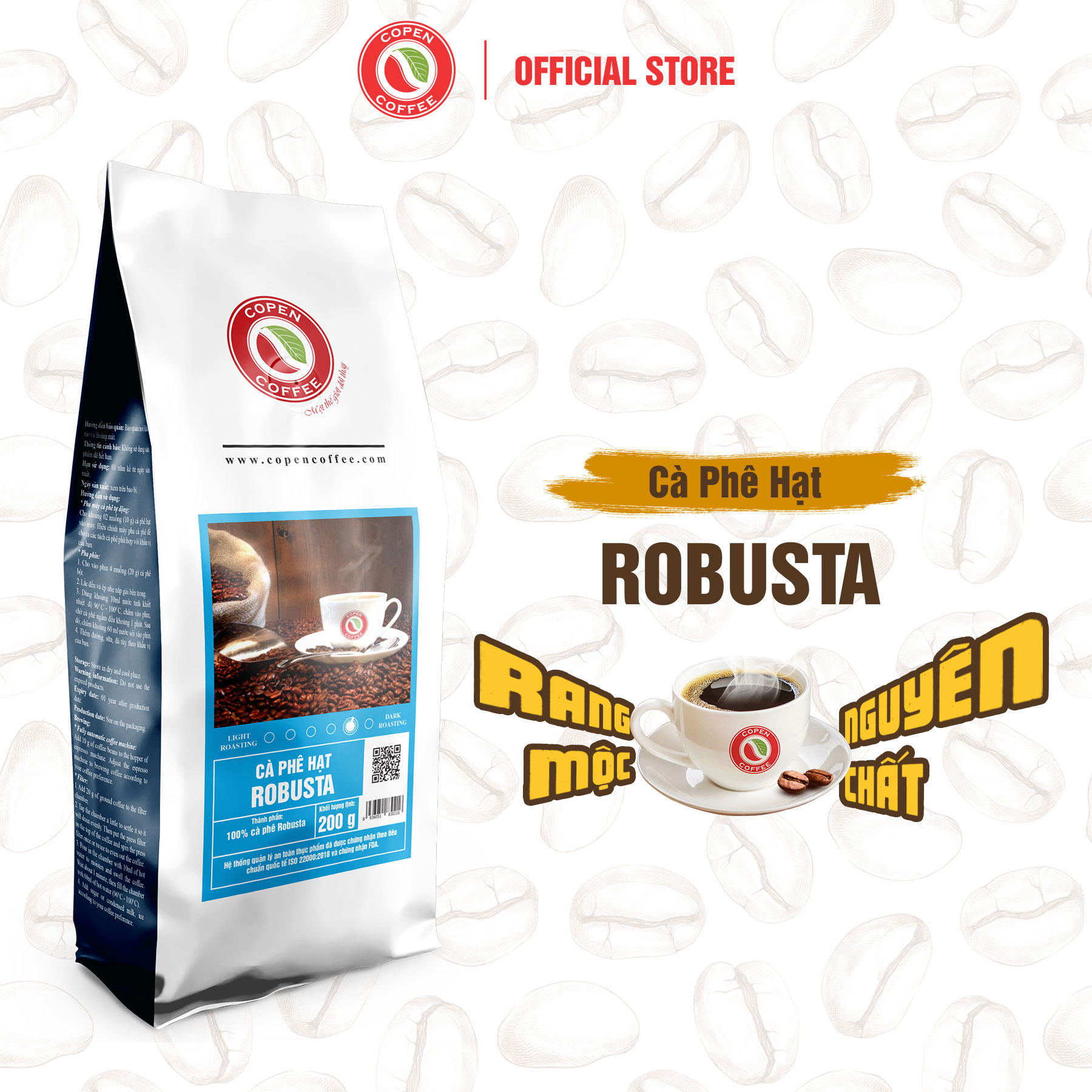  Cà phê hạt Robusta gói 200g  ST  - Rang mộc nguyên chất - Đắng đậm thơm nồng hậu vị sâu - Pha máy pha phin - Copen Coffee 