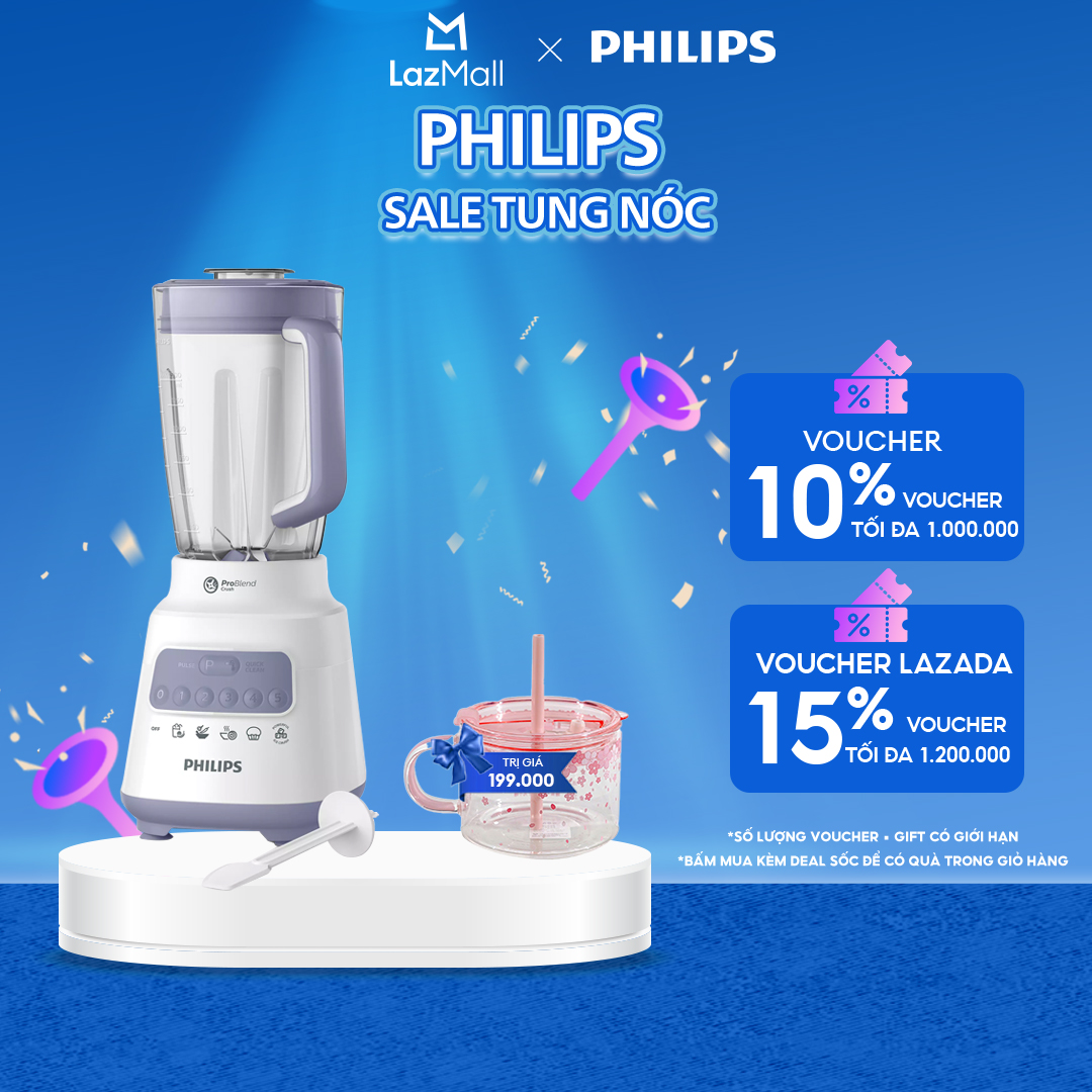 Máy Xay Sinh Tố Philips HR2222/00 (Trắng)|700W| - Cối Thủy Tinh 1.5L- Đi Kèm Cối Xay Gia Vị Nhỏ - 5 Tốc Độ Cài Đặt Sẵn - Nghiền Mịn Đá, Nhanh Gấp 2 Lần - Hàng Phân Phối Chính Hãng
