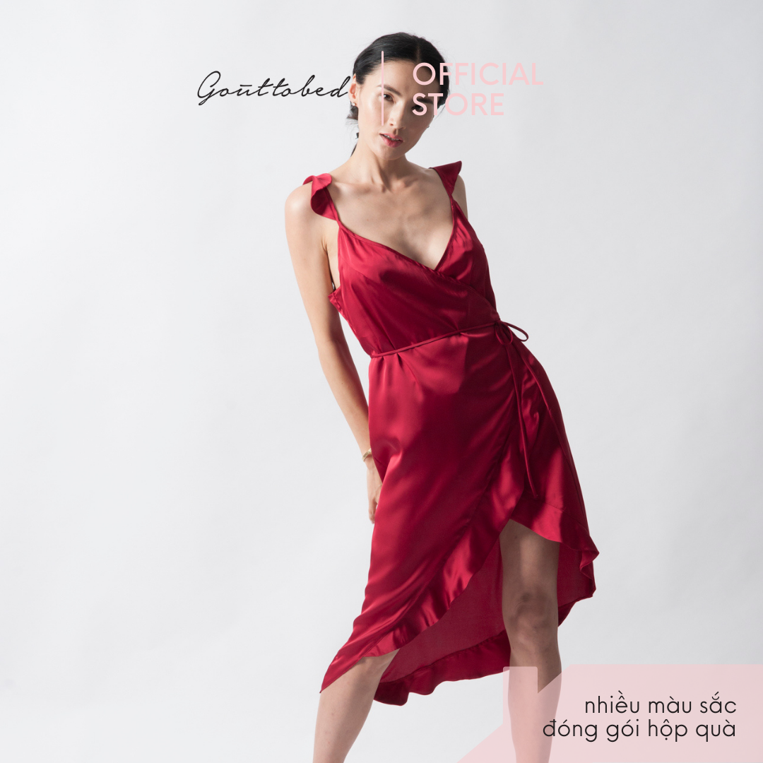 Đầm ngủ hai dây Lụa Satin Silk tay cánh tiên vạt chéo lai bèo Gouttobed
