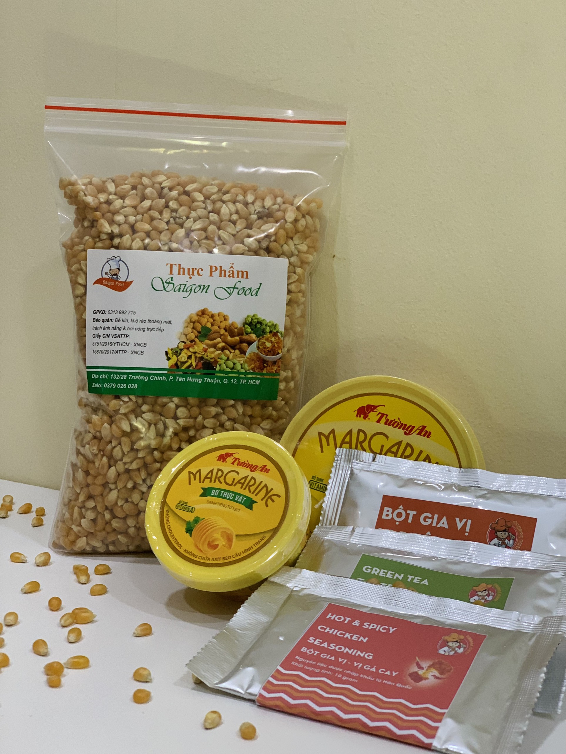 Set nguyên liệu làm bắp rang bơ (1kg bắp + 200g bơ + 50g caramel+ 30g bột trà xanh, 10g gà cay, 30g phomai)