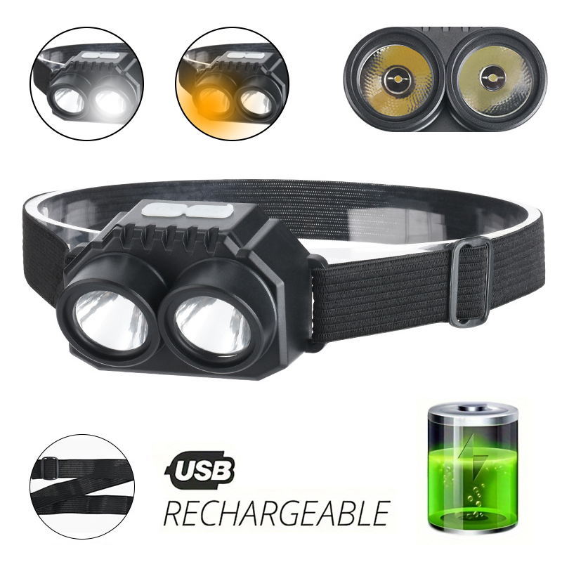 Mini Rechargeable Headlamp 2 LED Headlight Torch Waterproof White Light Yellow Light Work Light Outdoor Camping Fishing Head Light