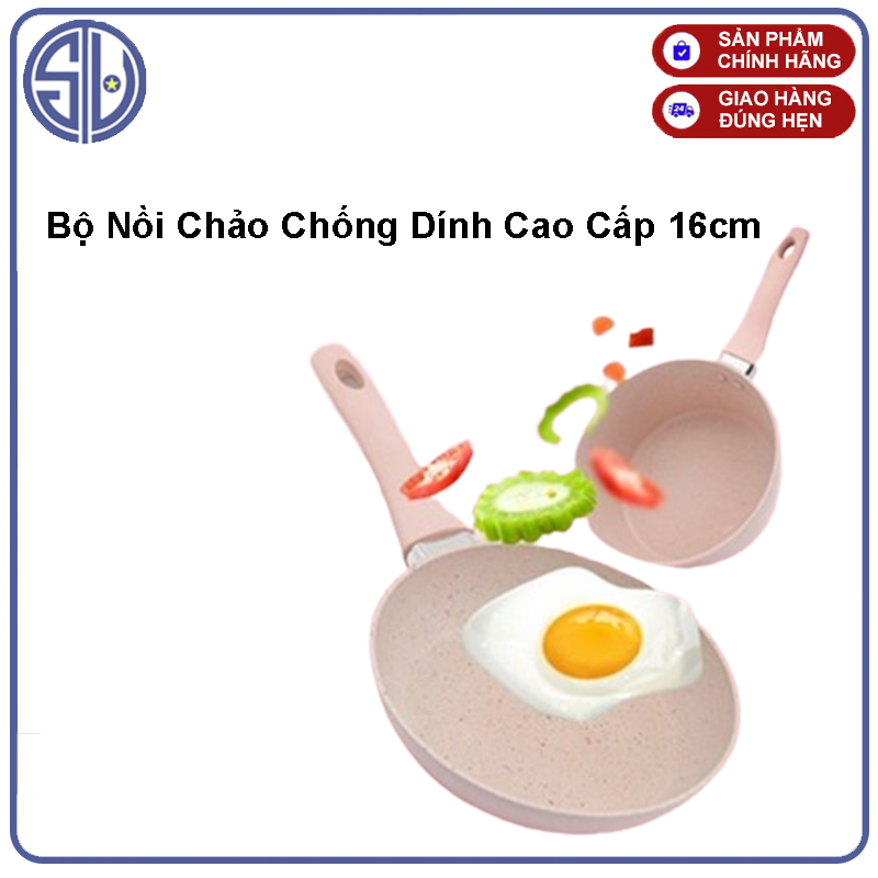 Bộ Nồi Chảo Chống Dính Cao Cấp 16cm Vân Đá Hoa Cương Hồng Đáy Từ Dùng Mọi