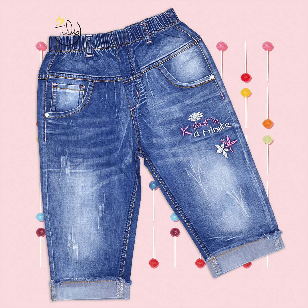 Quần jean lửng thêu hoa cho bé gái size đại
