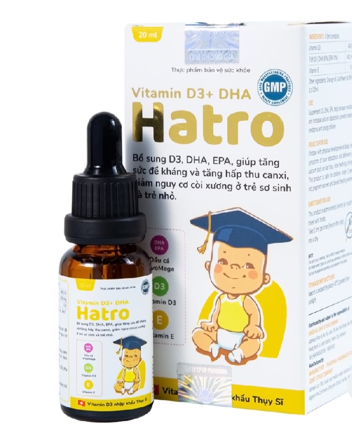 Dung dịch uống Hatro Vitamin D3+ DHA Pharvina bổ sung vitamin D3, DHA 20ml