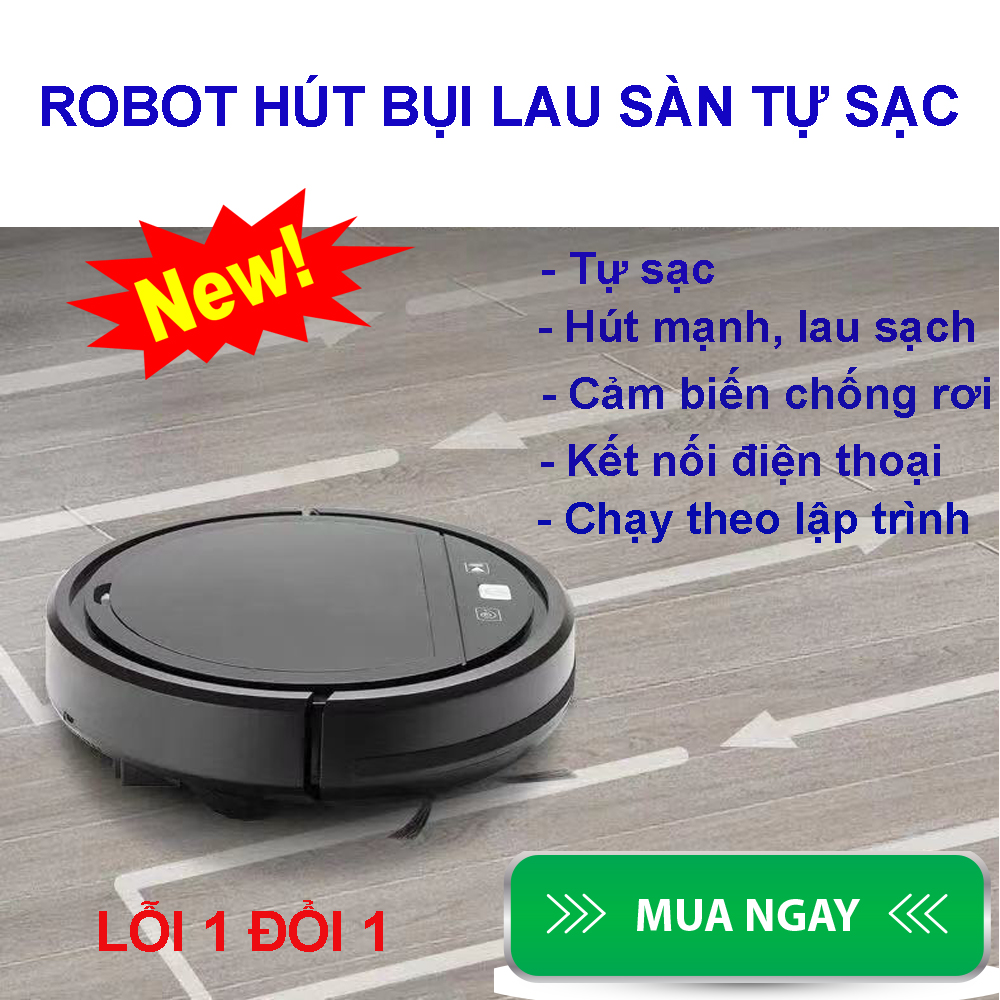 Robot Lau Nhà Thông Minh HC002. Phiên bản siêu thông minh, Tự động sạc khi hết Pin - Kết nối điện thoại. Hút siêu mạnh, chống rơi - leo bậc thềm. LỖI 1 ĐỔI 1! MUA NGAY!