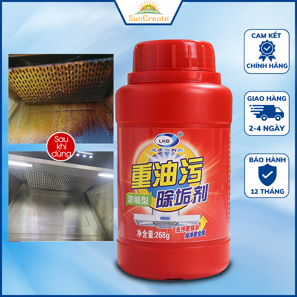 Tẩy dầu mỡ nhà bếp lkb, siêu tẩy dầu mỡ cặn mỡ cứng đầu, tẩy sạch lưới lọc máy hút mùi, tẩy mặt bếp ga, bếp từ, tường bếp suncreate