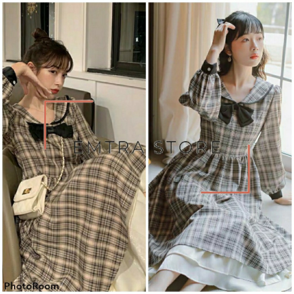 [HCM]Đầm xòe caro tay dài cổ nơ kiểu tiểu thư xinh yêu dễ thương dự tiệc cưới đi chơi bao đẹp hàng cao cấp tại Emtra- V08