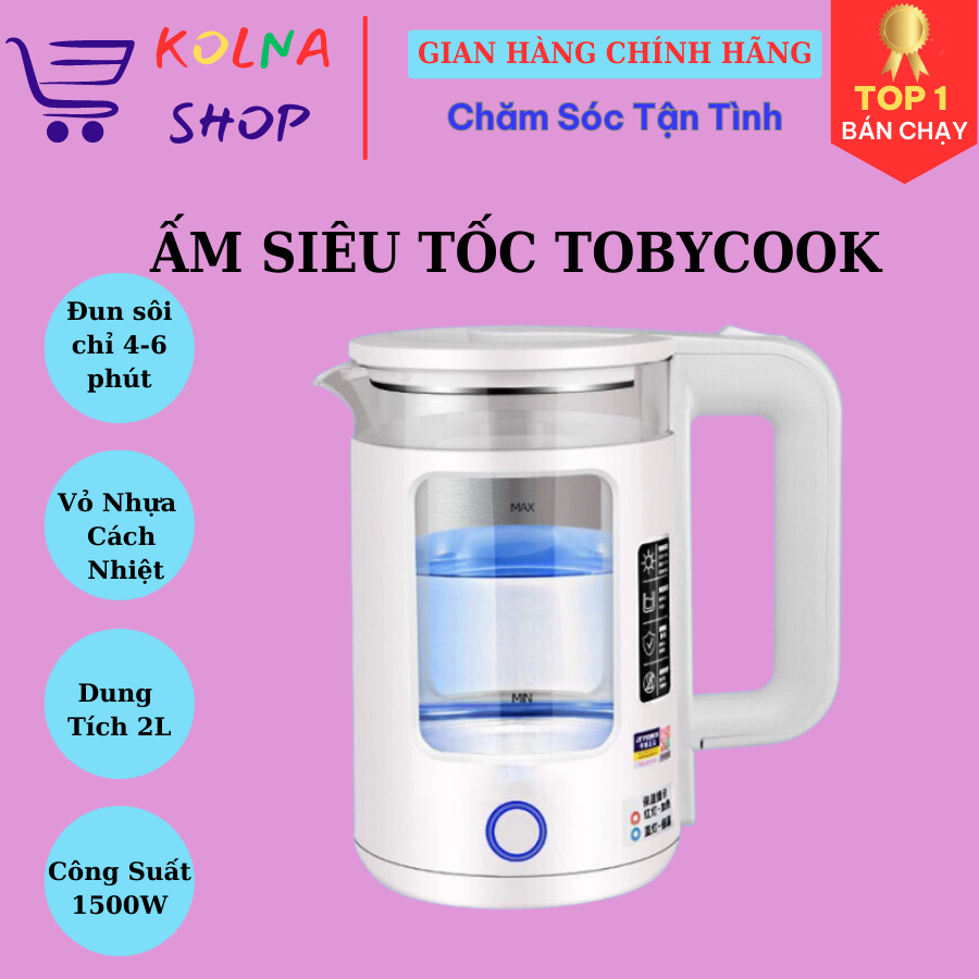 Bình đun siêu tốc 2l công suất 1500w , ấm đun siêu tốc tobycook - an toàn cho mọi gia đình, ấm đun nước siêu tốc, ấm siêu tốc thái lan
