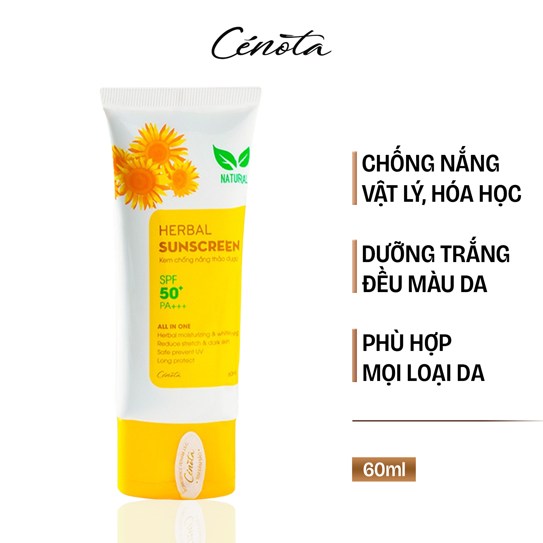 Kem chống nắng thảo dược Cenota Herbal Sunscreen SPF 50+ 60ml, chống nắng theo cả 2 cơ chế Vật lí + Hóa học