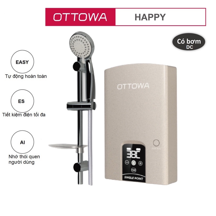 Máy nước nóng trực tiếp có bơm trợ lực OTTOWA TH45P01 - Máy tắm nước nóng lạnh công suất cao 4500W, bình nước nóng lạnh