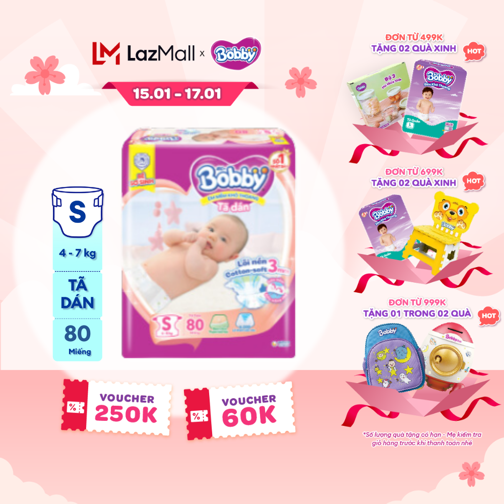 [CHỈ 20H 15-17.01 QUÀ TẶNG ĐH 499K]  Tã dán sơ sinh Bobby S80 mới- Lõi nén thần kỳ 3mm