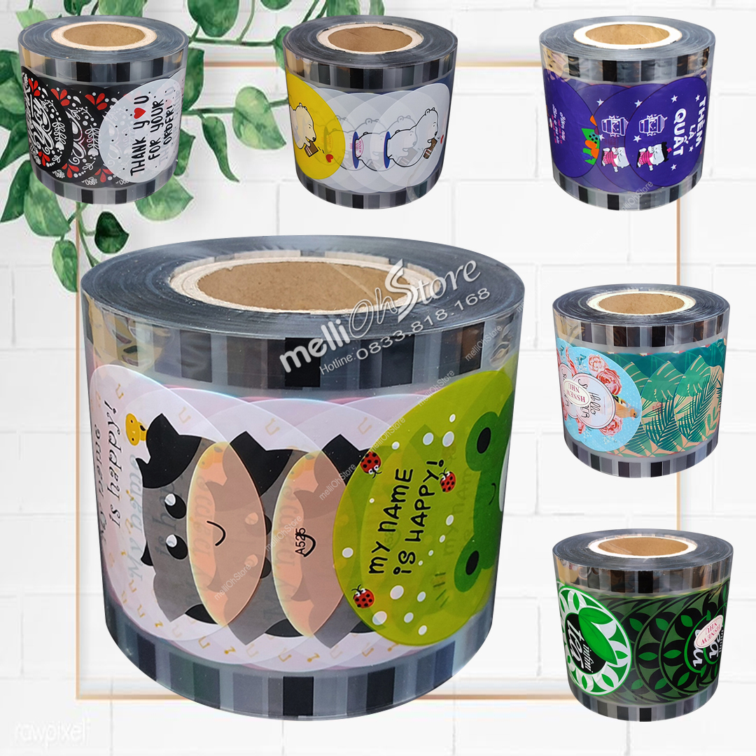 Cuộn Ép. Màng dập ly nhựa, cuộn keo ép ly nhựa, màng ép ly trà sữa hiệu, cam kết đủ 2400 ly/cuộn Tùy chọn mẫu