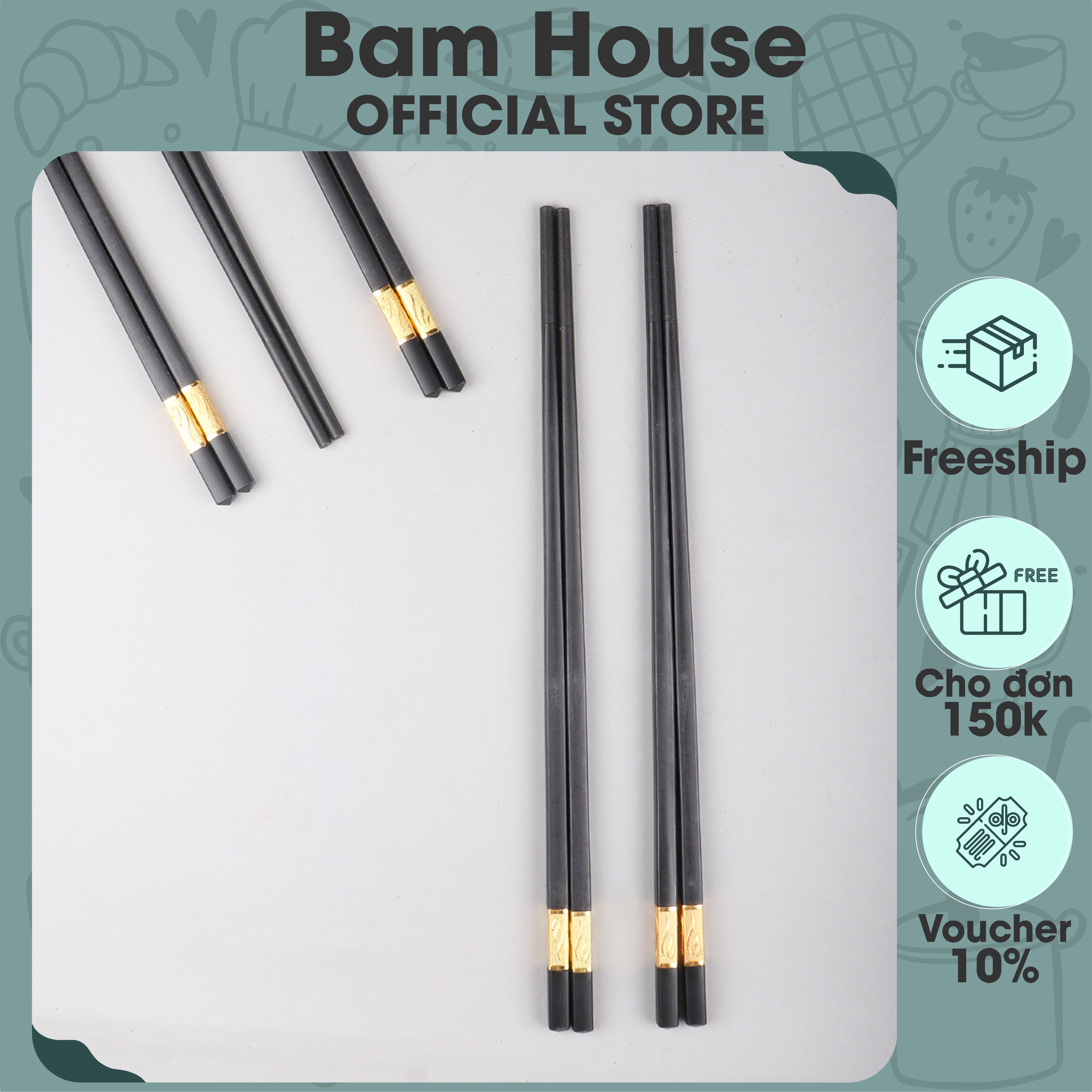Bộ 10 đôi đũa nhựa chịu nhiệt Bam House đuôi hoạ tiết vàng cao cấp DMV05 - Gia dụng bếp