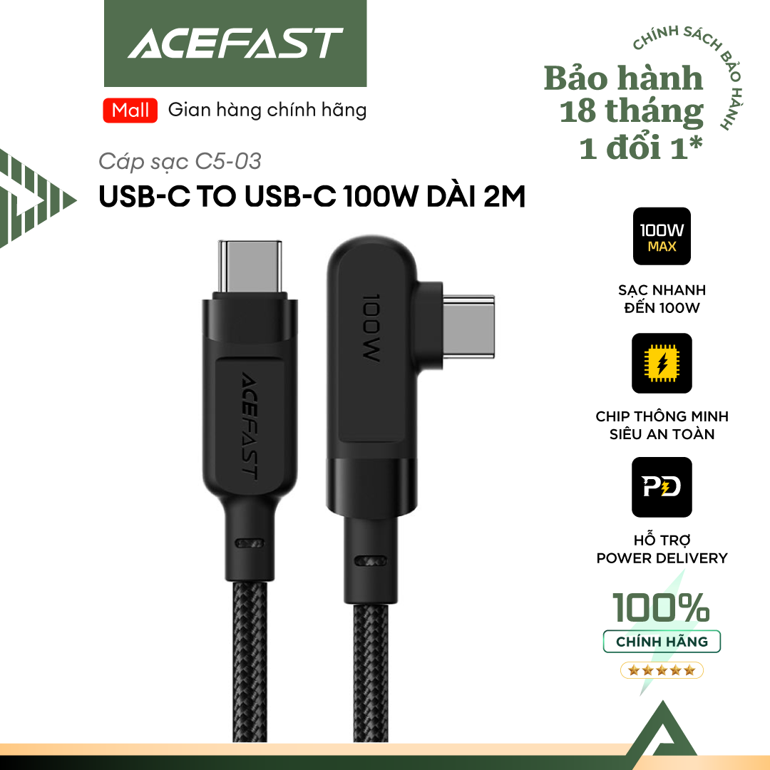 Cáp sạc acefast type c to type c sạc nhanh 100w, đầu sạc vuông góc, dây dù dài 2m - c5-03 hàng chính hãng