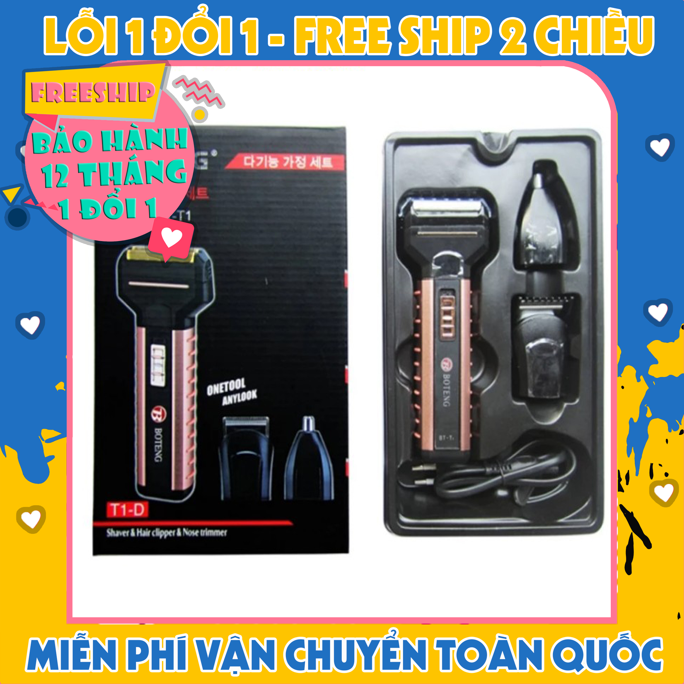 Tăng Đơ Cắt Tóc đa năng Boteng tích hợp 3 chức năng tiện dụng cạo râu, cắt tóc, tỉa lông mũi 3 in 1 tích điện đa năng