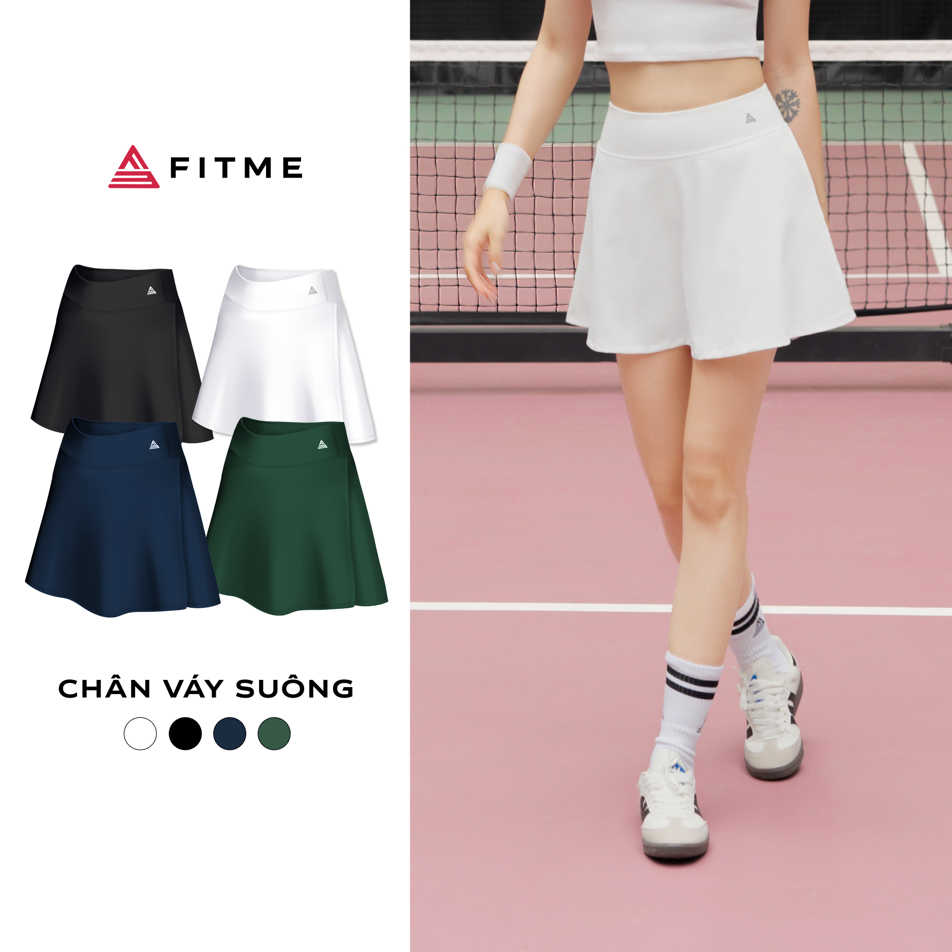 Chân váy ngắn thể thao nữ Fitme GOC may 2 lớp kèm quần bảo hộ chơi pickleball, tennis, cầu lông VSFM01