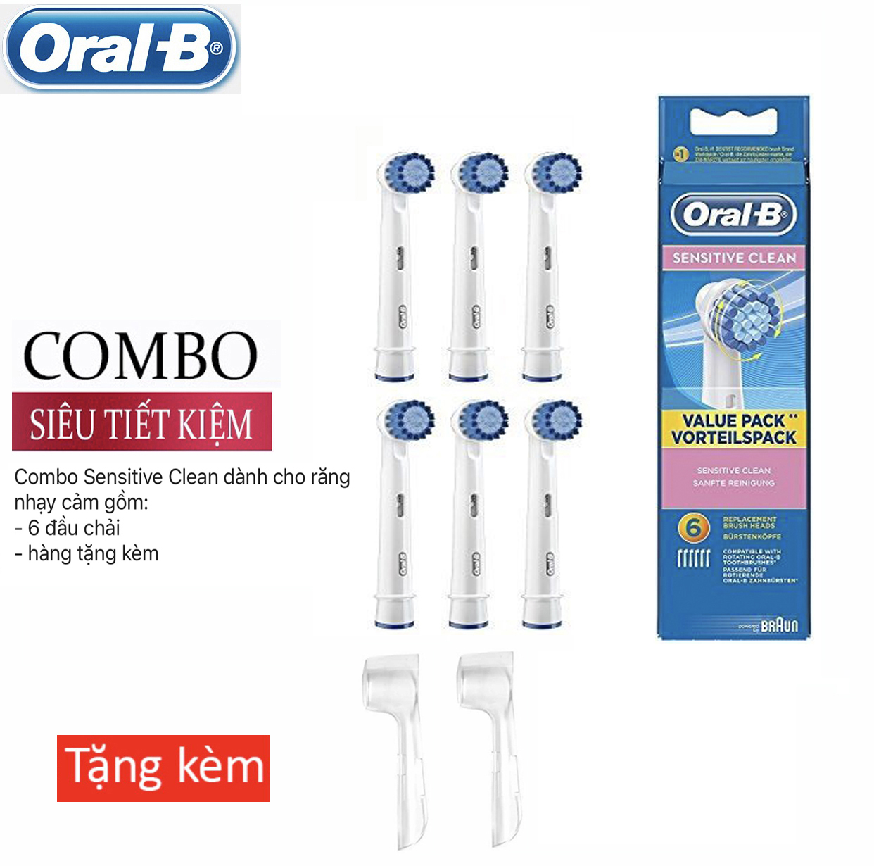 Bộ 6 đầu thay bàn chải điện Oral-B Sensitive cho răng nhạy cảm + hàng tặng kèm