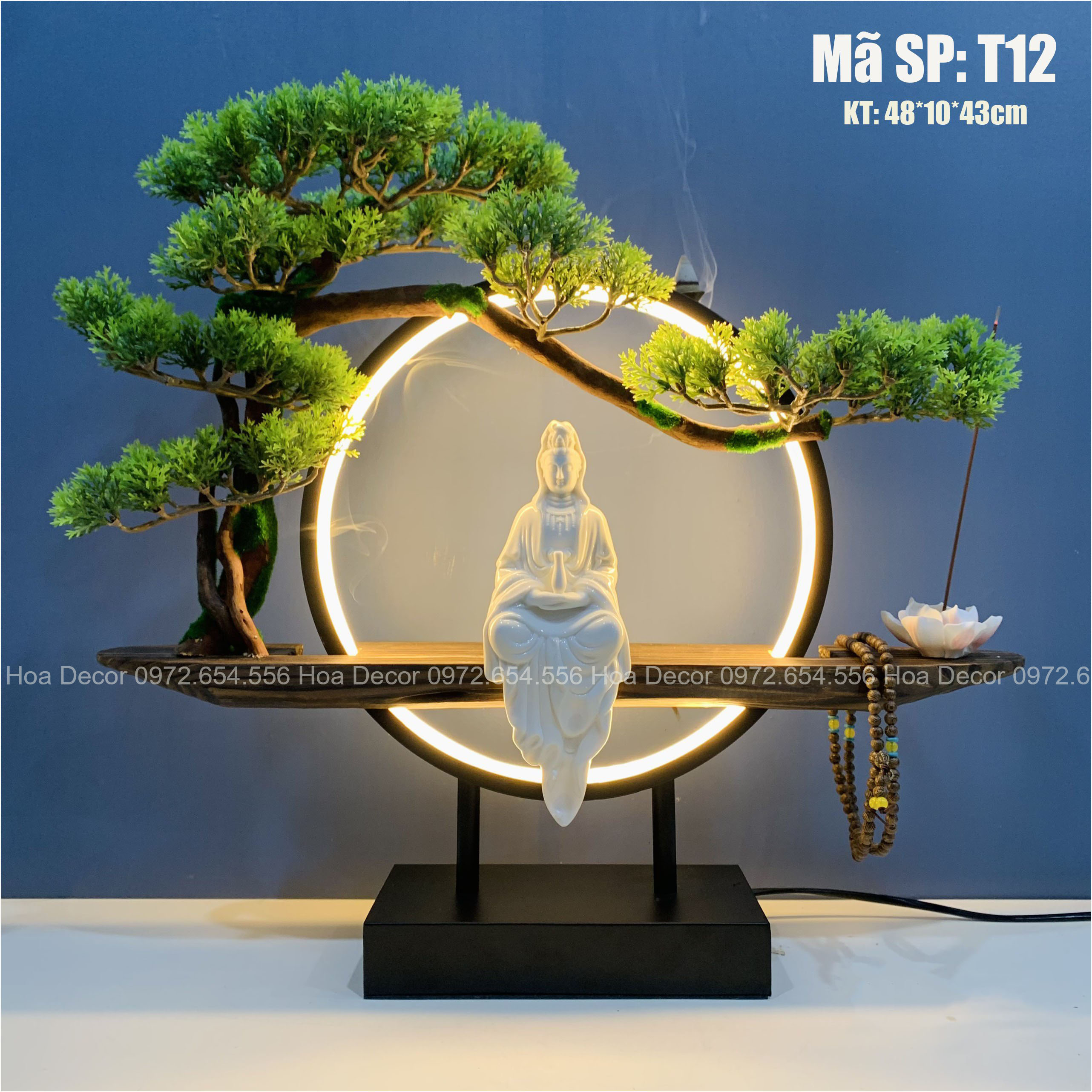 Tượng Phật Bà Quan Âm có vòng đèn LED sáng T12, kích thước 50x10x42cm, có công tắc bật tắt đèn, tặng kèm trầm và bảo hành 6 tháng