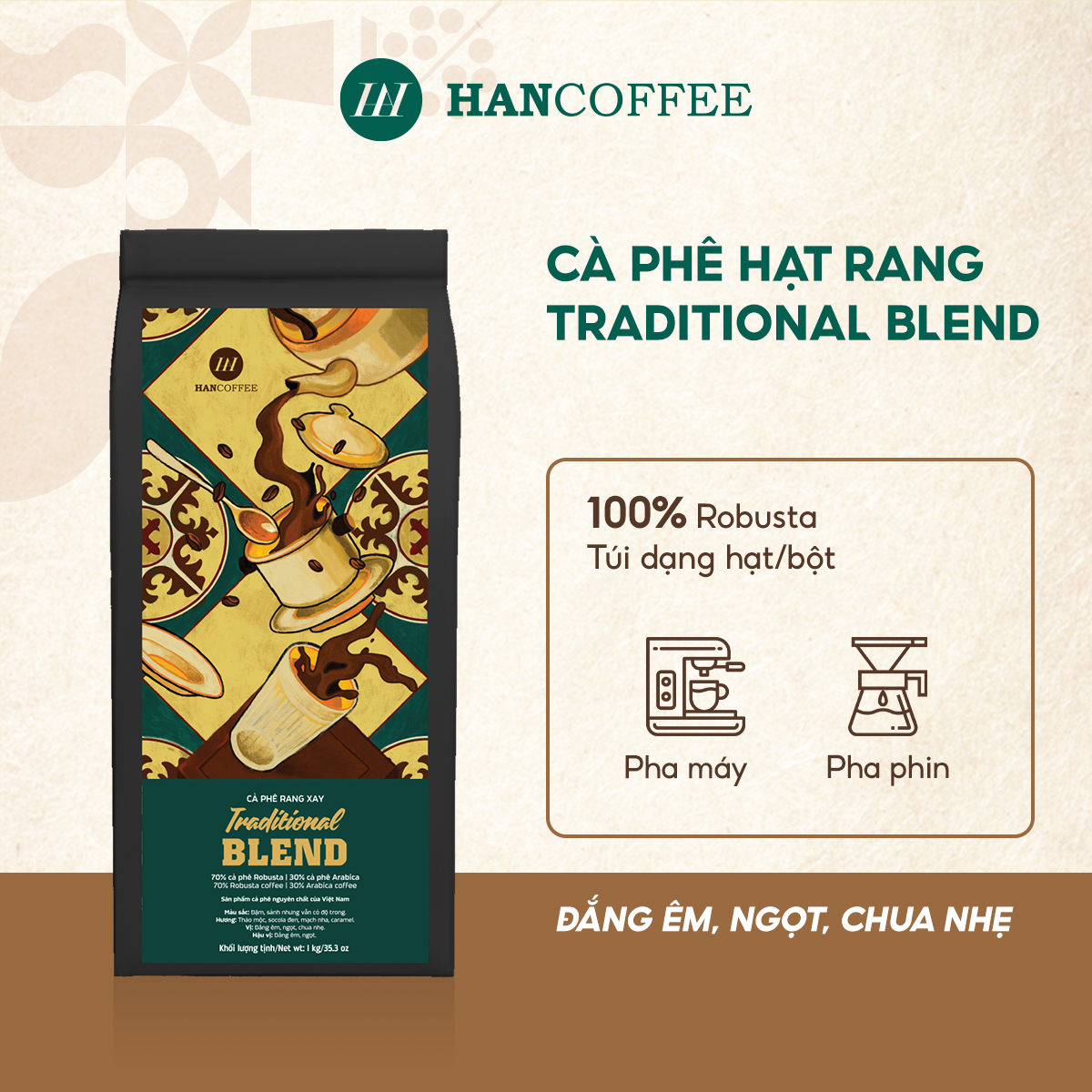 Cà phê pha phin/ pha máy HANCOFFEE Traditional 1KG cà phê nguyên chất