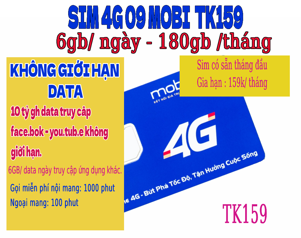 (Sẵn gói cước) Sim 4G mobifone tk159, mxh100 10 tỷ gb xem you.tu.be, fa.book, tik.tok, đầu số 09. Si