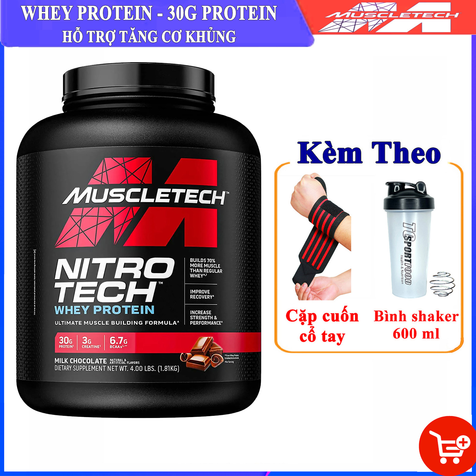 [Kèm bình & Cuốn tay] Sữa tăng cơ giảm mỡ cao cấp Whey Protein Nitro Tech của MuscleTech hộp 1.8 kg hỗ trợ tăng sức bền sức mạnh đốt mỡ giảm cân cho người tập gym và chơi thể thao - thuc pham chuc nang