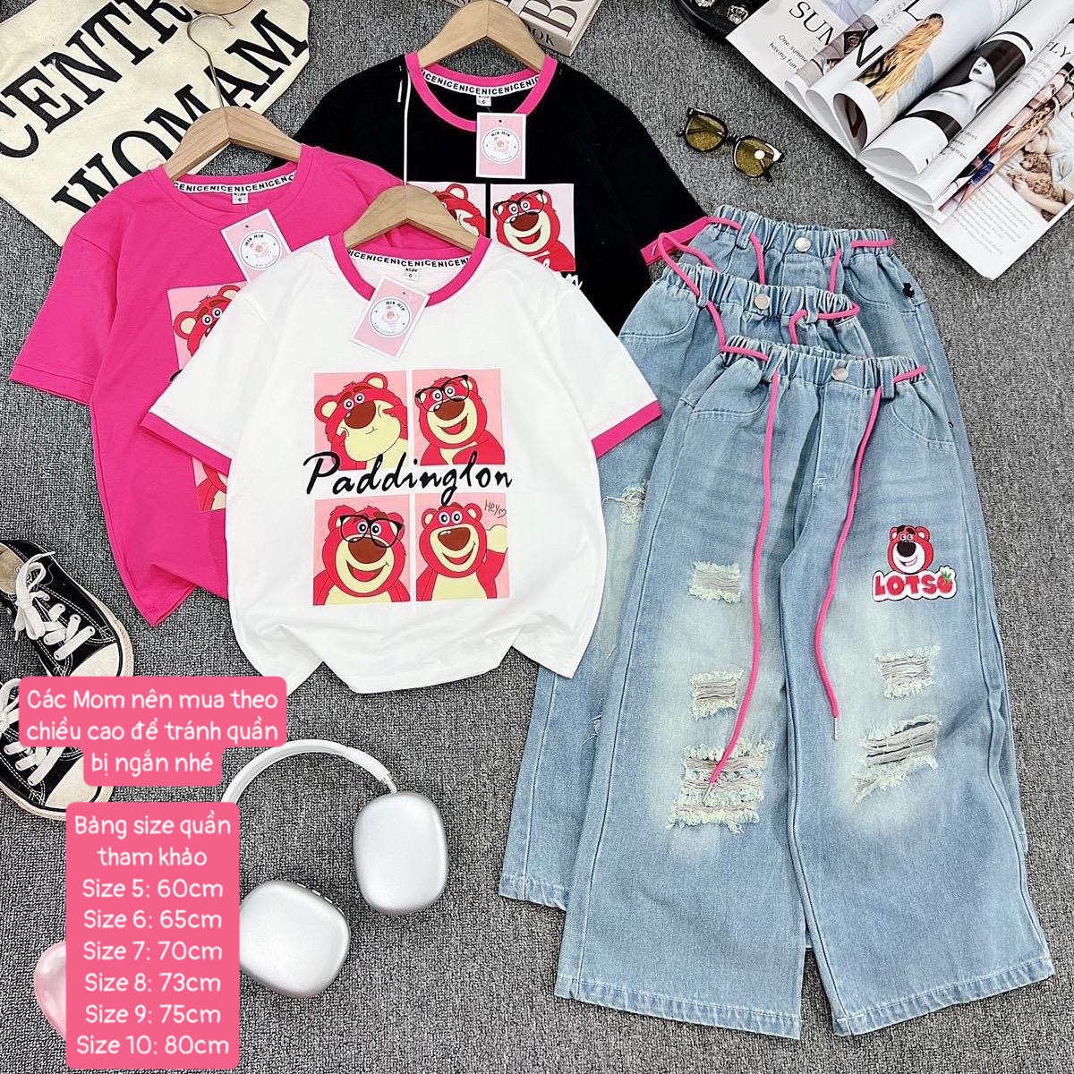 (16-40kg) Set áo thun in nhiệt gấu dâu hot hit phối quần jean rách cá tính cho bé gái diện đi học, đi chơi