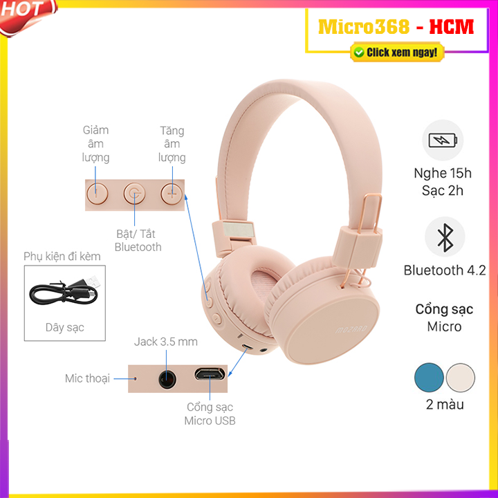 Tai nghe Bluetooth chụp tai Mozadr K8 không dây pin siêu trâu - Headphone bluetooth đệm tai êm