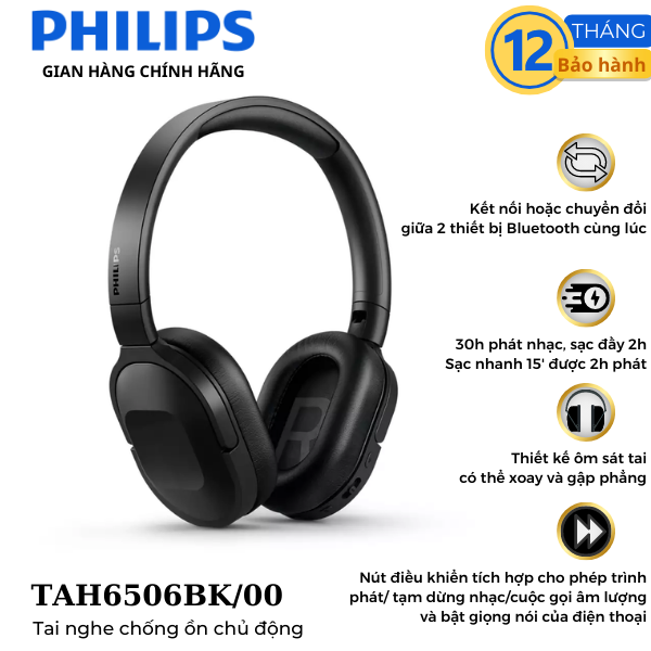 Tai nghe Philips Bluetooth TAH6506BK 00- Bảo hành chính hãng 12 tháng