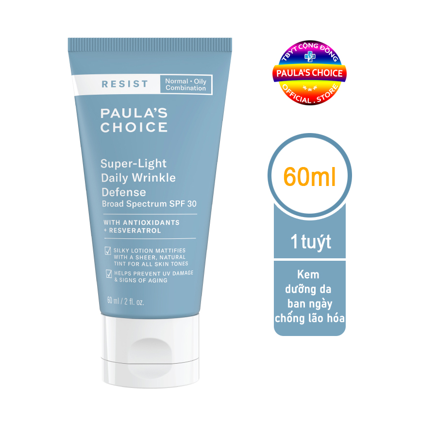 Kem chống nắng dưỡng ẩm đa năng siêu nhẹ không bết dính Paula’s Choice Resist Super - Light Daily Wrinkle Defence SPF 30 (60ml)