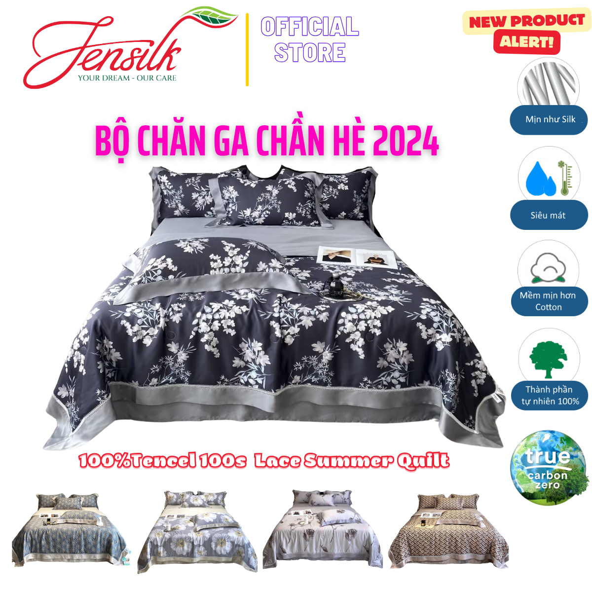 Bộ chăn ga gối cao cấp 100%Tencel 100s Digital Print, Bộ 5 món chăn chần hè 2023 phối ren siêu mềm mát mịn