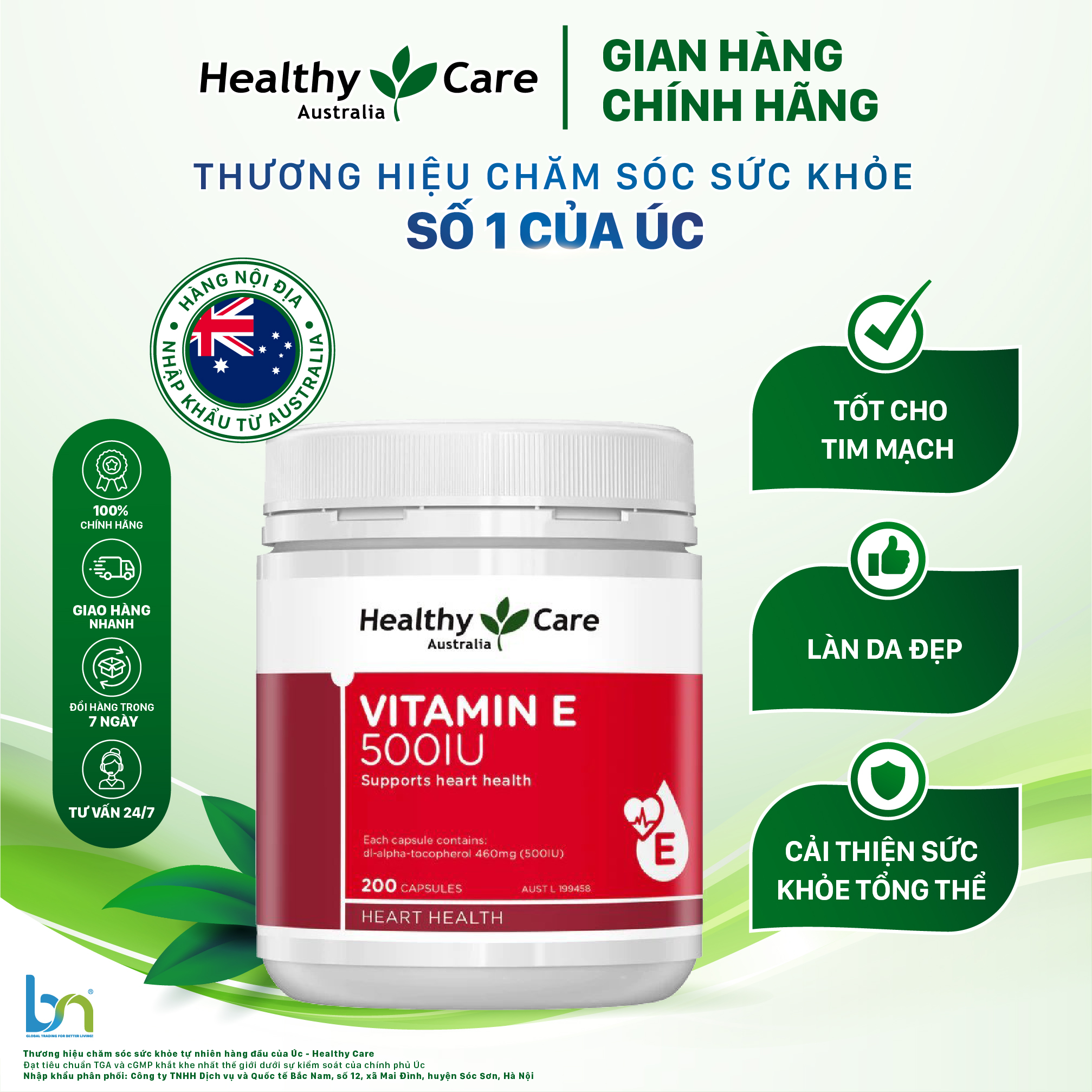 Viên uống bổ sung vitamin E Healthy Care vitamin E 500IU Hộp 200 viên