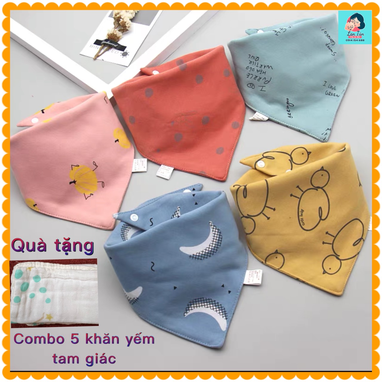 Set 5 khăn Yếm tam giác cho bé trai và bé gái yếm cho bé sơ sinh yếm dãi 100% cotton - lantunshop