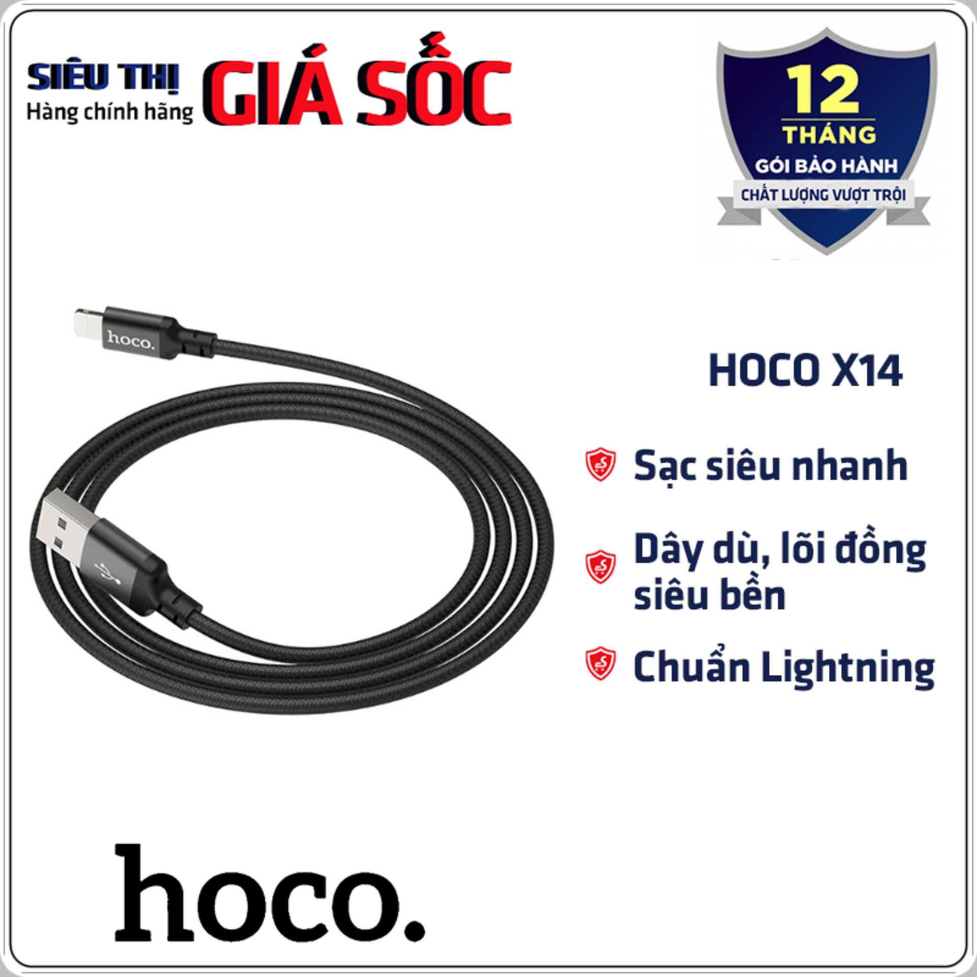 CÁP SẠC NHANH DÂY DÙ HOCO X14 1M và 2M - Lightning cho iPhone, iPad - Hàng chính hãng