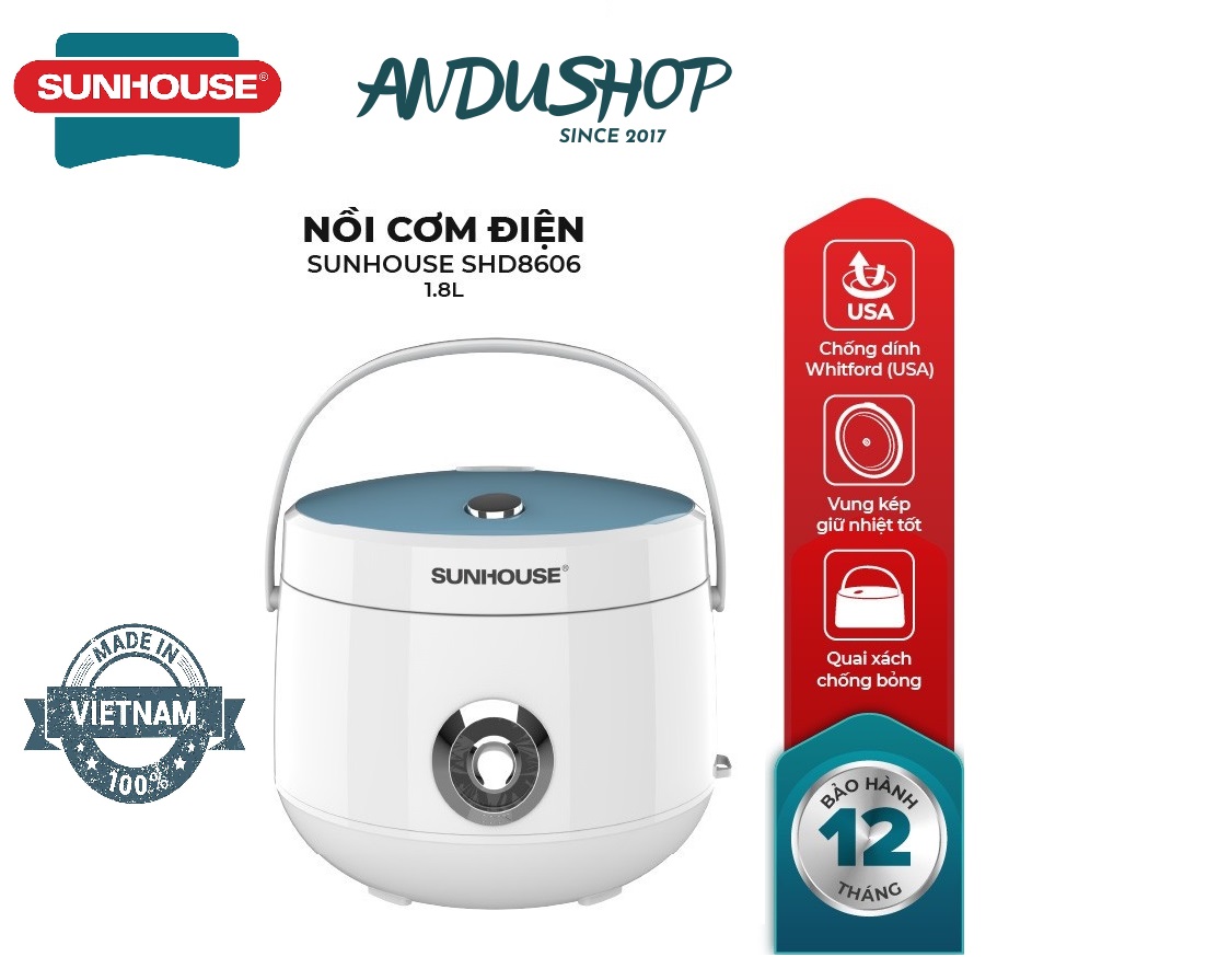 Nồi cơm điện sunhouse shd8606 /shd8606r, 1,8l , 4-6 người ăn ,