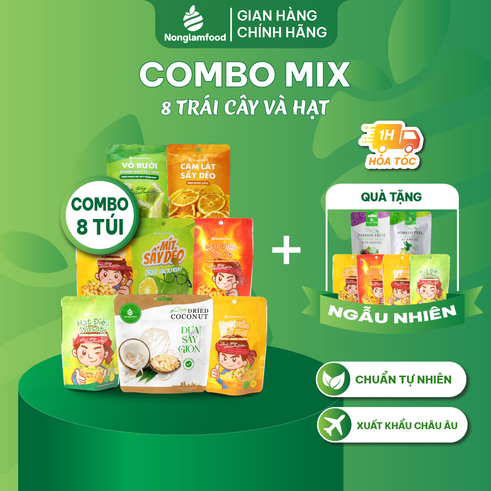 Combo 8 túi trái cây và hạt dinh dưỡng siêu tiết kiệm Nonglamfood túi 45g | Ăn vặt bổ dưỡng