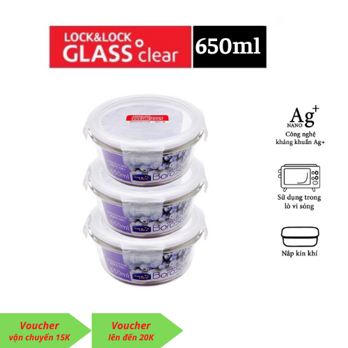 Bộ 3 hộp thuỷ tinh tròn chịu nhiệt Lock&Lock 650ml