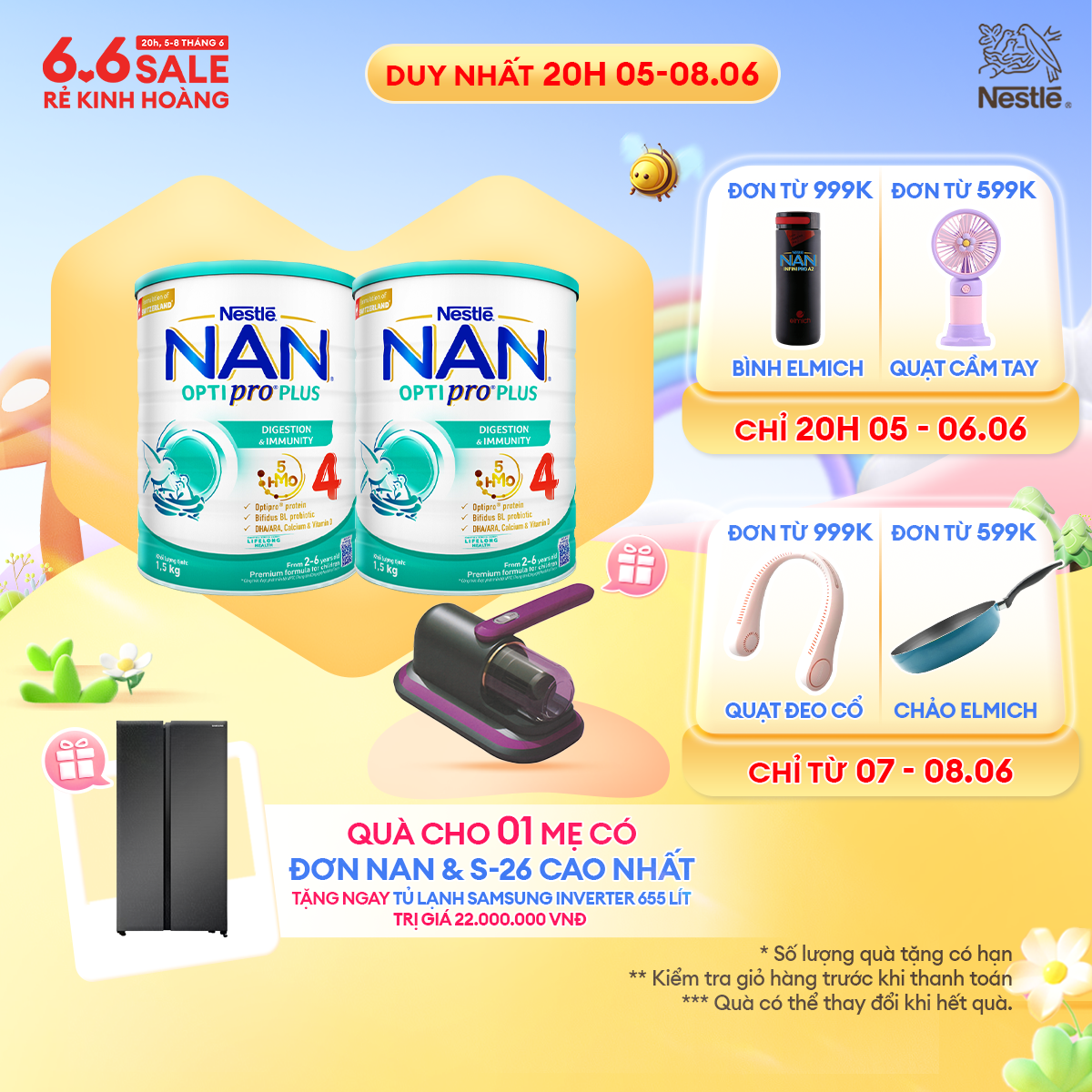 [CHỈ 20H 05-08/06 QT ĐƠN 599k/999k][Tặng Máy hút bụi nệm giường] Bộ 2 Lon Sữa bột Nestlé NAN OPTIPRO