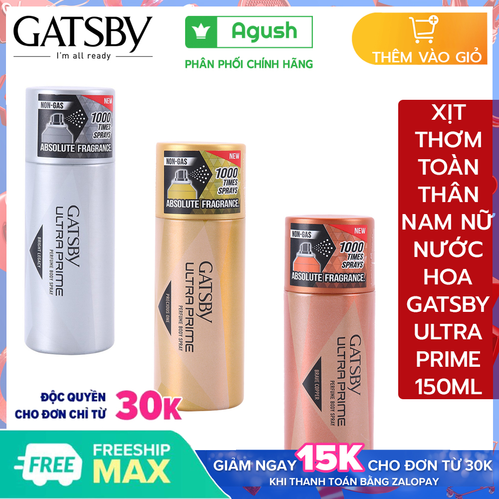 Xịt thơm toàn thân body nam nữ Gatsby Ultra Prime Perfume Body Spray 150ml thơm sang trọng không gas xịt được 1000 lần