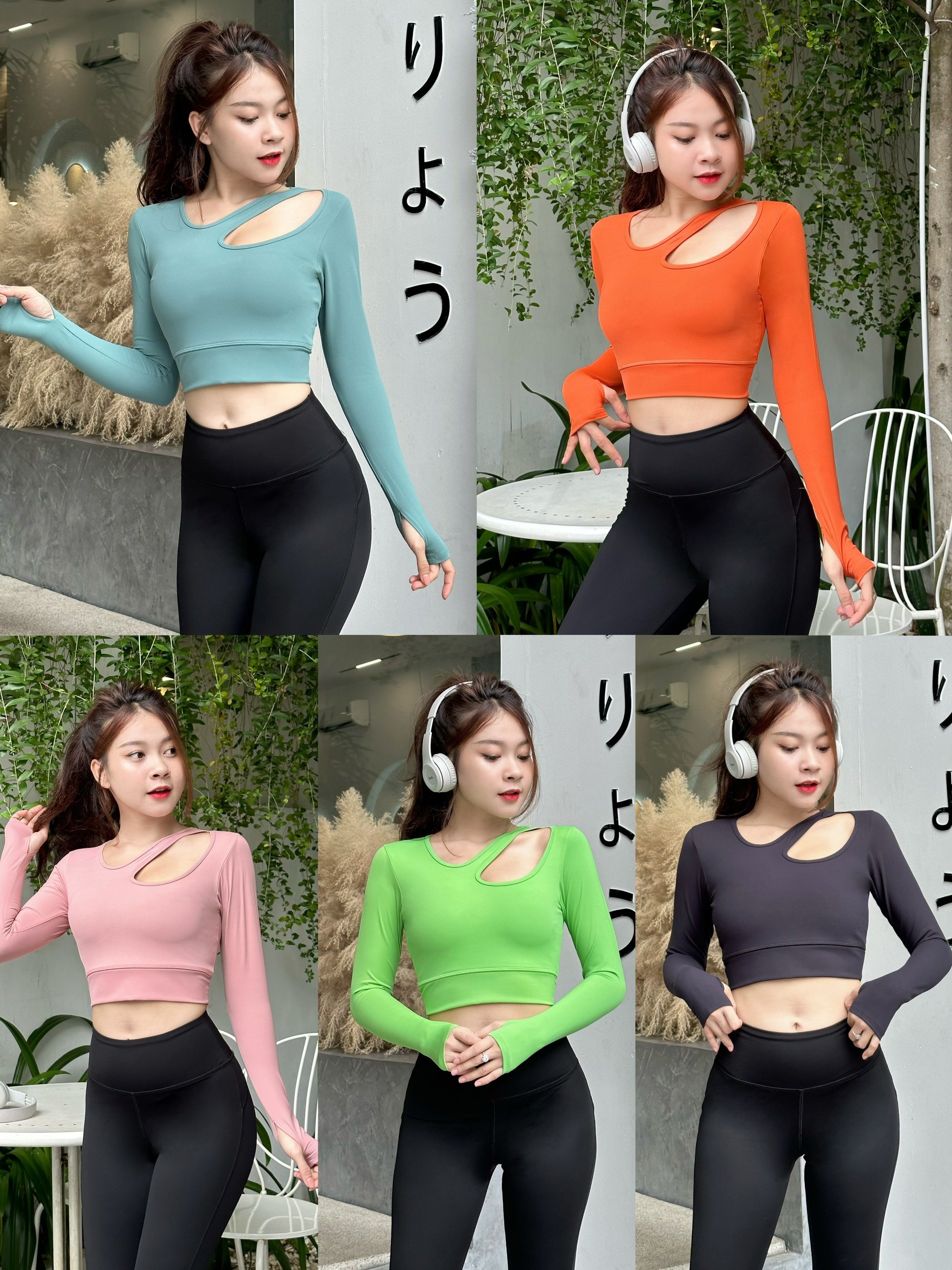 Áo Thể Thao Croptop Nữ Tay Dài Khoét Vai Tập Gym Yoga Tay Dài Có Mút Ngực Có Xỏ Ngón-(Ao20)