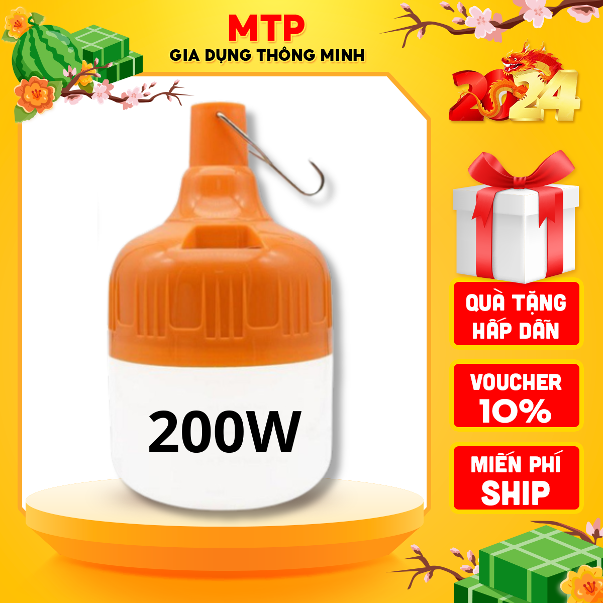 Bóng đèn tích điện công suất 150W siêu sáng, Bóng đèn led tích điện có móc treo tiện lợi sử dụng liên tục 4-6h, Bóng đèn sạc tích điện đui màu cam