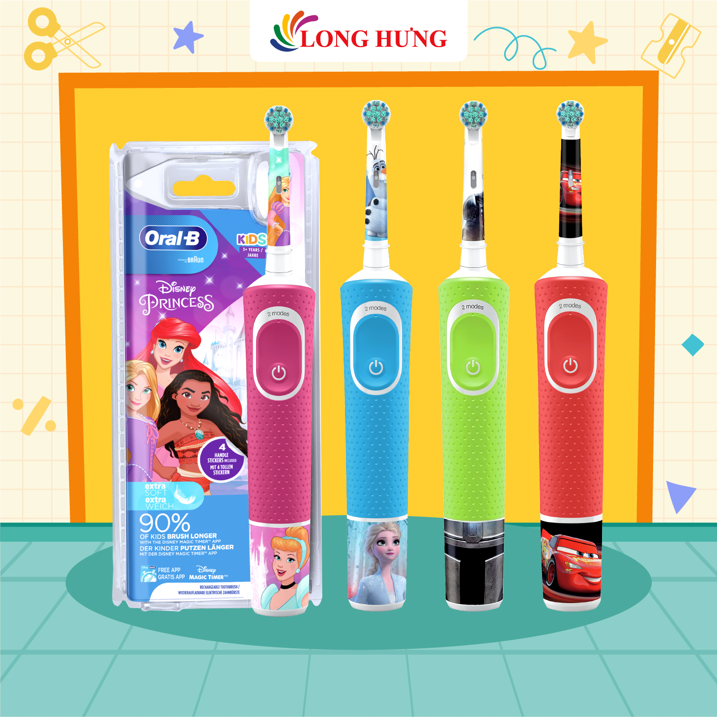 Bàn chải điện trẻ em Oral-B Vitality 100 Disney - Thiết kế dành cho trẻ em, lông bàn chải mềm làm sạch nhẹ nhàng, loại bỏ mảng bám