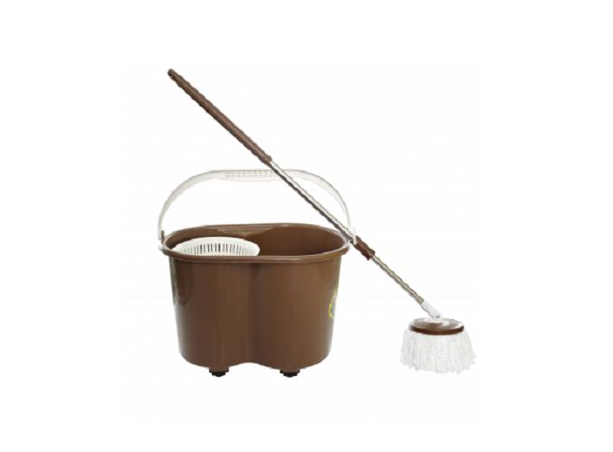 Bộ lau nhà 360 mega clean xô lớn, rổ dính, bánh xe, màu nâu