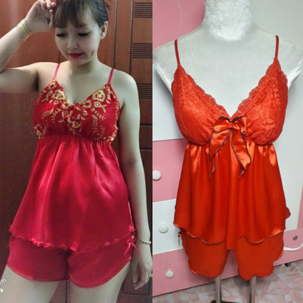 Bộ ngủ nữ 2 dây mặc nhà lụa mềm mát- ảnh thật.