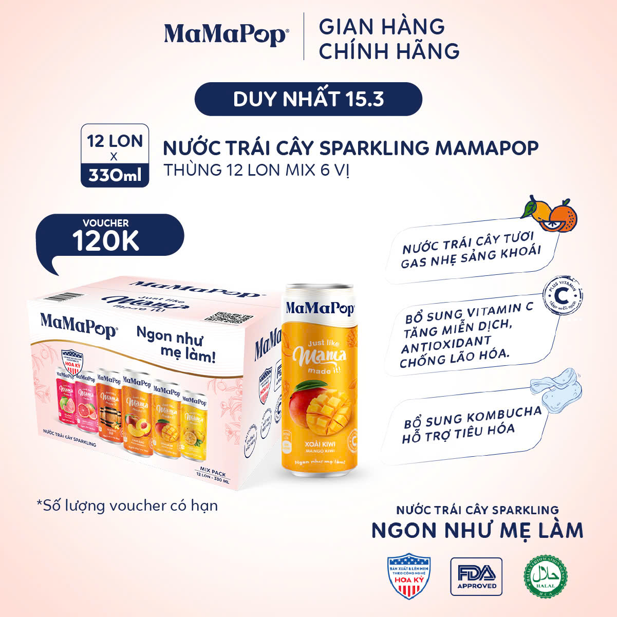  Thùng 12 lon nước trái cây sparkling MaMaPop mix 6 vị  330ml lon  