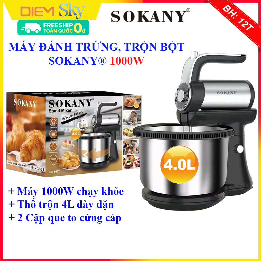 Máy đánh trứng trộn bột để bàn Sokany 1000W, 5 tốc độ. Máy trộn bột đa năng dùng máy nhồi bột làm bánh, đánh trứng, đánh kem trộn... Bảo hành 1 năm