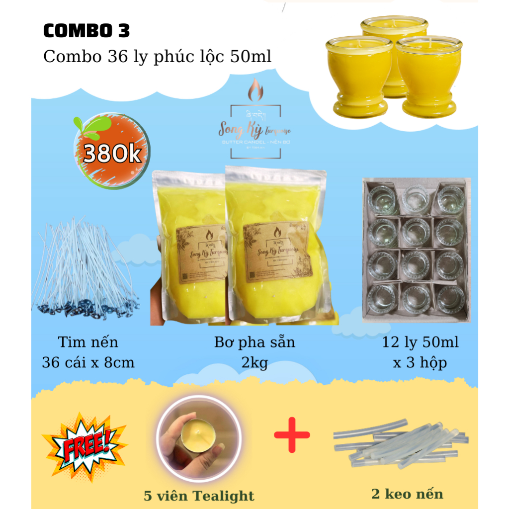 Nến bơ cúng phật - combo 36 ly phúc lộc 50ml - combo 3 - set nguyên liệu làm nến bơ cúng dường tại nhà