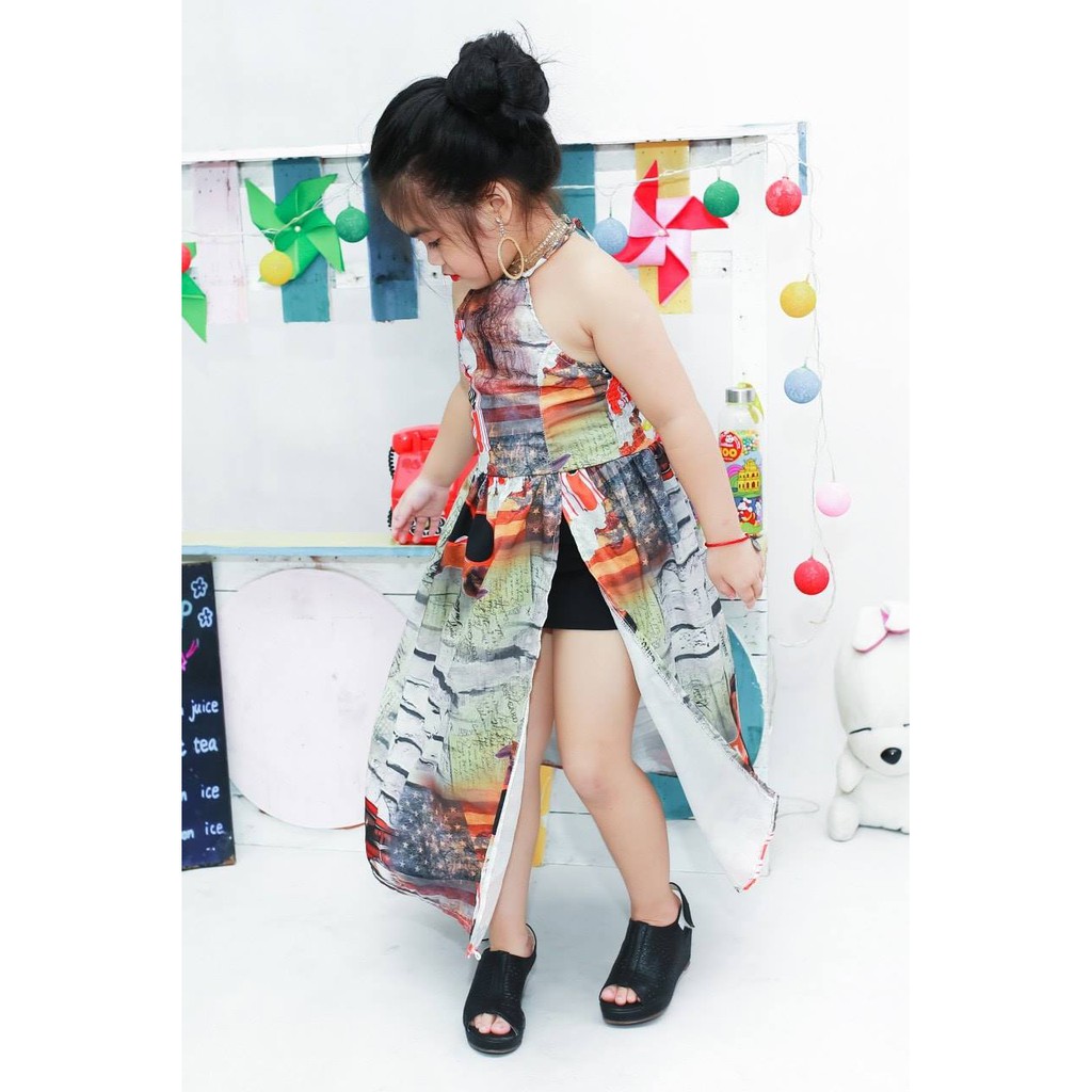 Đầm maxi in họa tiết cún bé gái lụa thun co giãn độc lạ
