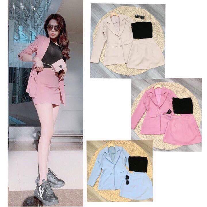 SÉT 3MÓN NGỌC TRINH(áo vest+chân váy có quần trong +áo áo ống trong)